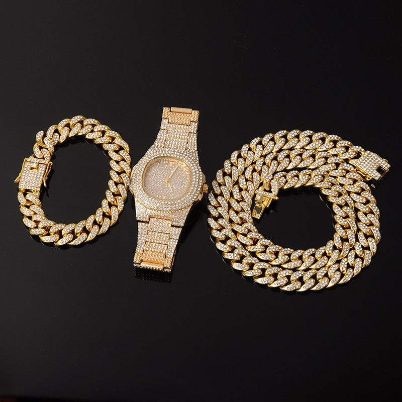 3-Piece Jewelry Hip Hop Gold Iced Out Paved Rhinestones CZ Bling  Sets: Cuban Chain, Watch & Bracelet