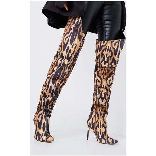 Leopard Print Pointed Toe Side Zipper Stiletto Over-the-Knee Boots