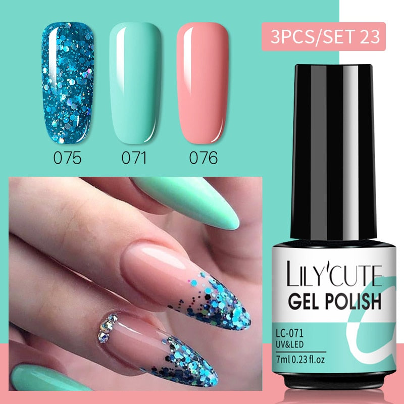 3 Piece Gel Polish Set: Winter Color Glitter Sequin Matte Effect Gel, Long Lasting Base Top Coat Nail Art Design