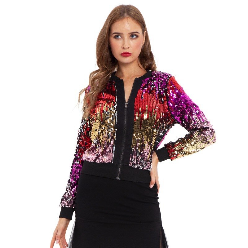 Sequin Gradient Beaded Zipper Cardigan Bomber Jackets