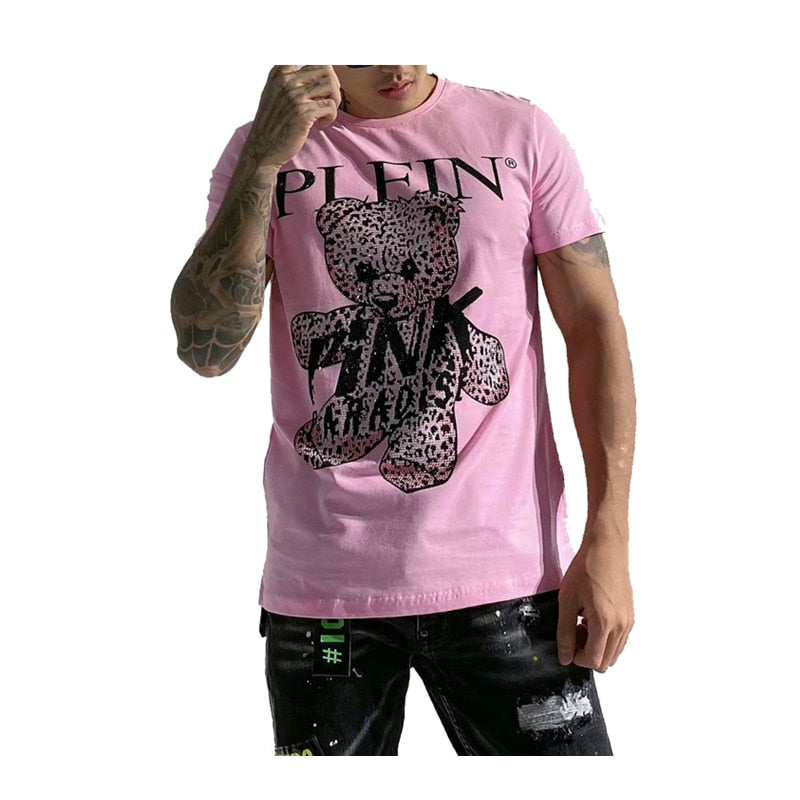 Men's Pink Rhinestone Teddy Bear Plein Embroidered T-Shirt