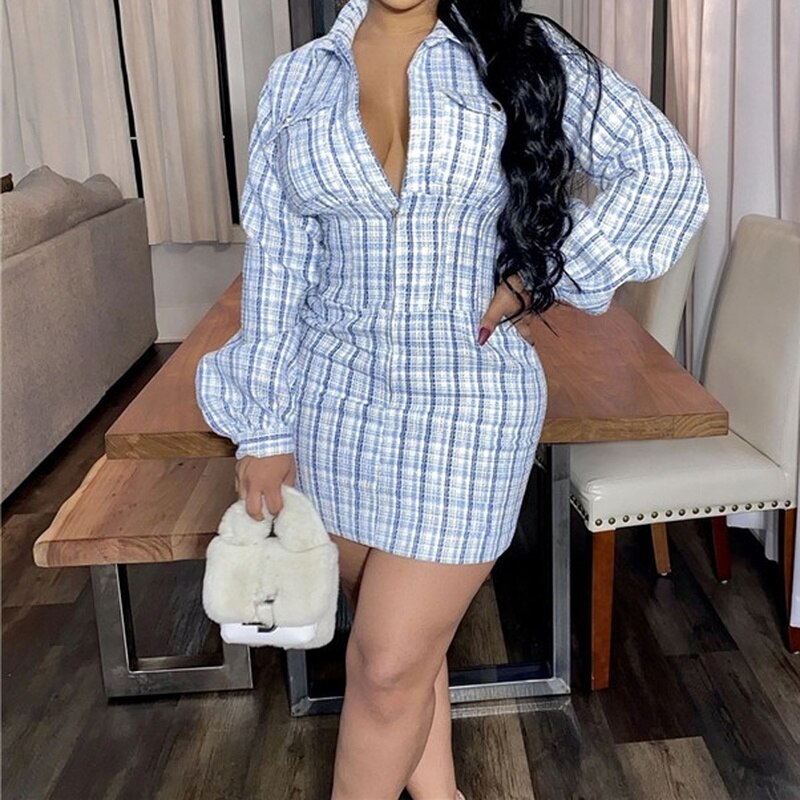 Plaid Print Puff Long Sleeve Wrap Mini Dress