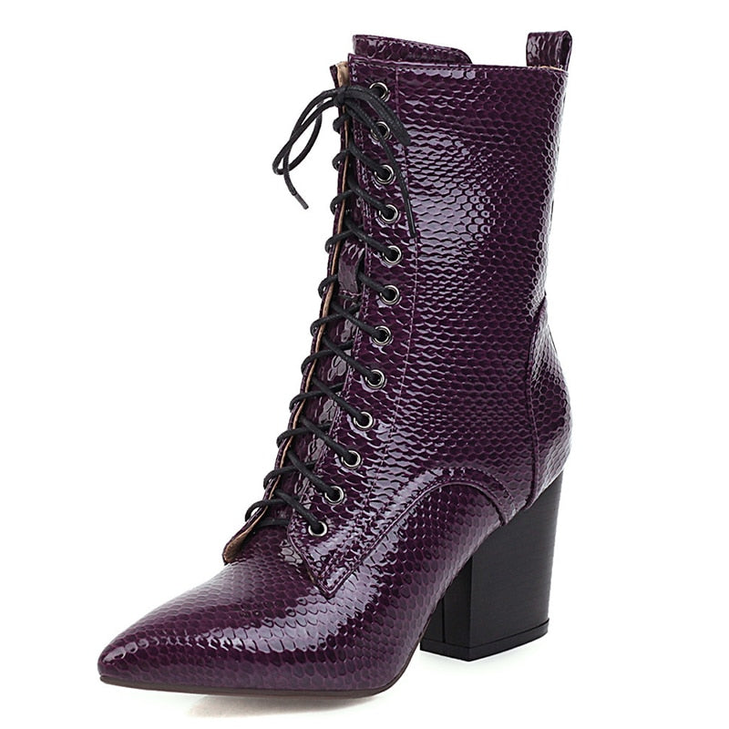 Solid Lace Up Pointed Toe Snake Ankle Strap Zipper Boots