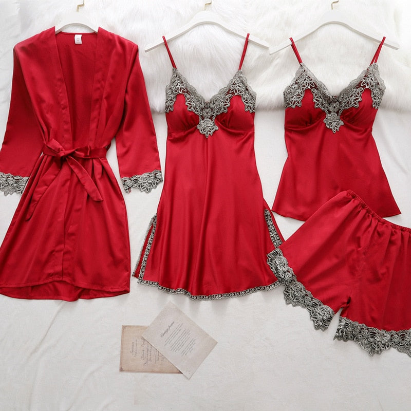 Satin 5-Piece Matching Women's Pajama Set: Robe, V-Neck Camisole, Pants Pants, Teddy Lingerie Top & Shorts