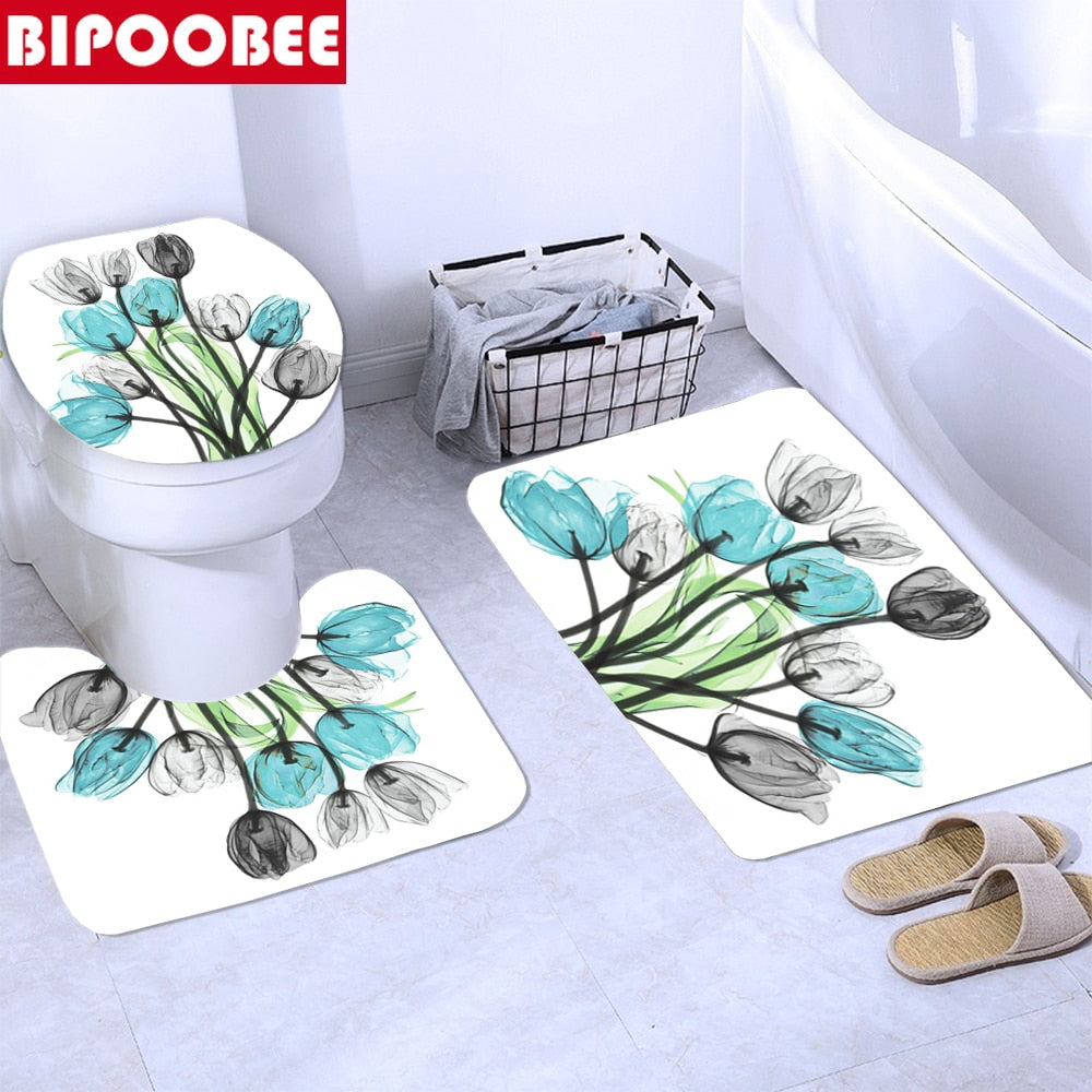 Tulip Lotus Flowers Trees Shower Curtain Sets Non-Slip Rugs Toilet Lid Cover and Bath Mat Waterproof Shower Curtain