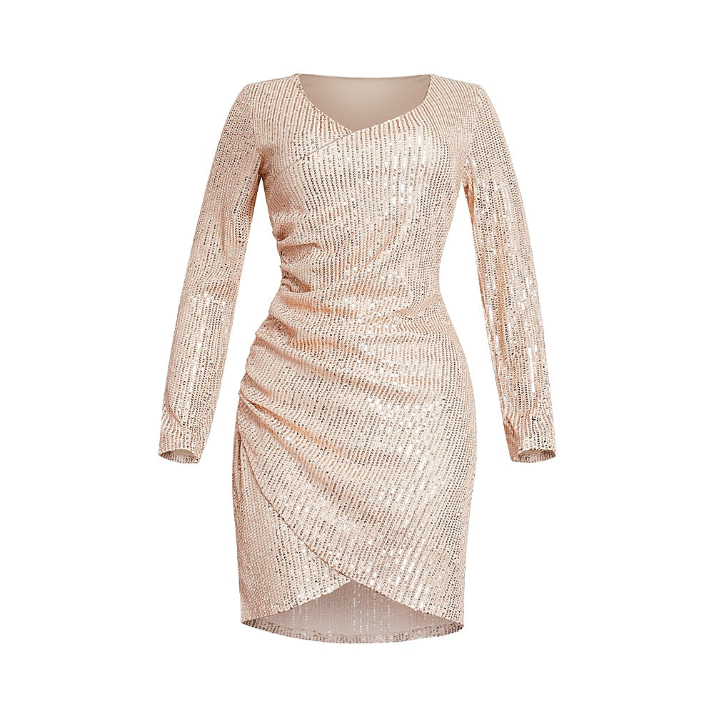 Sparkle Long Sleeve V-Neck Bodycon Party Dress