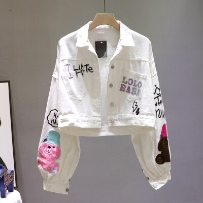 Grafitti Cropped Women's Cartoon Bear Sequin Denim Letter Print Jean Jacket