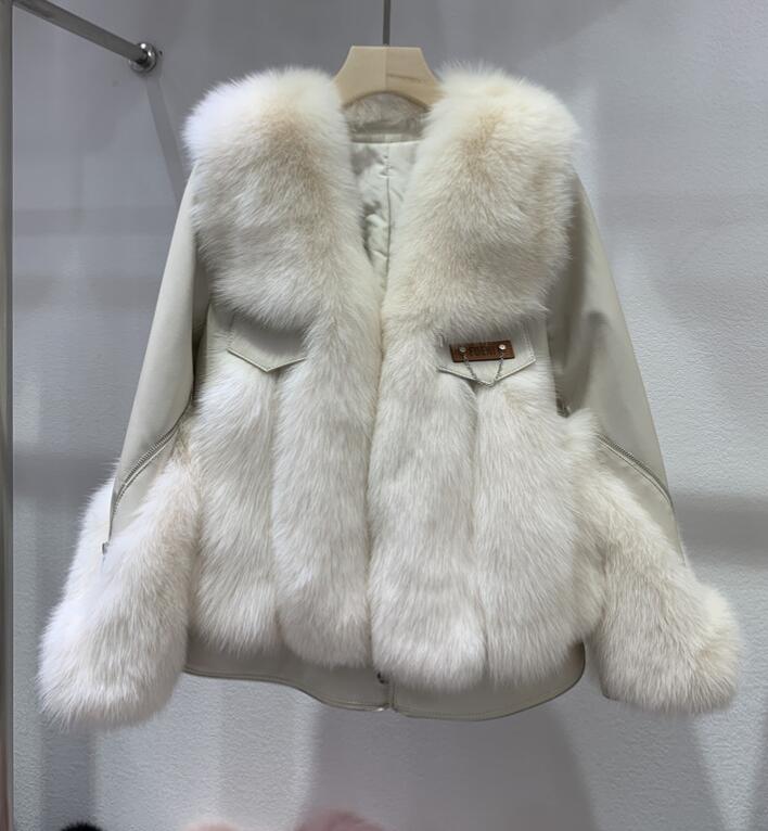 Sheepskin Fox Fur Trim Stitched Ladies Jacket