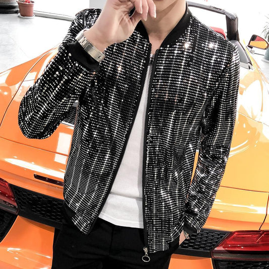 Shiny Sequins Long Sleeve Glitter Zipper Bomber Jacket