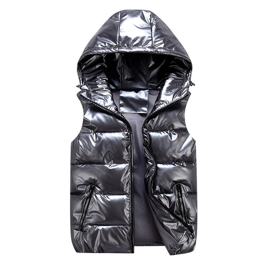 Hooded Ladies Padded Sleeveless Shiny Puffer Vests