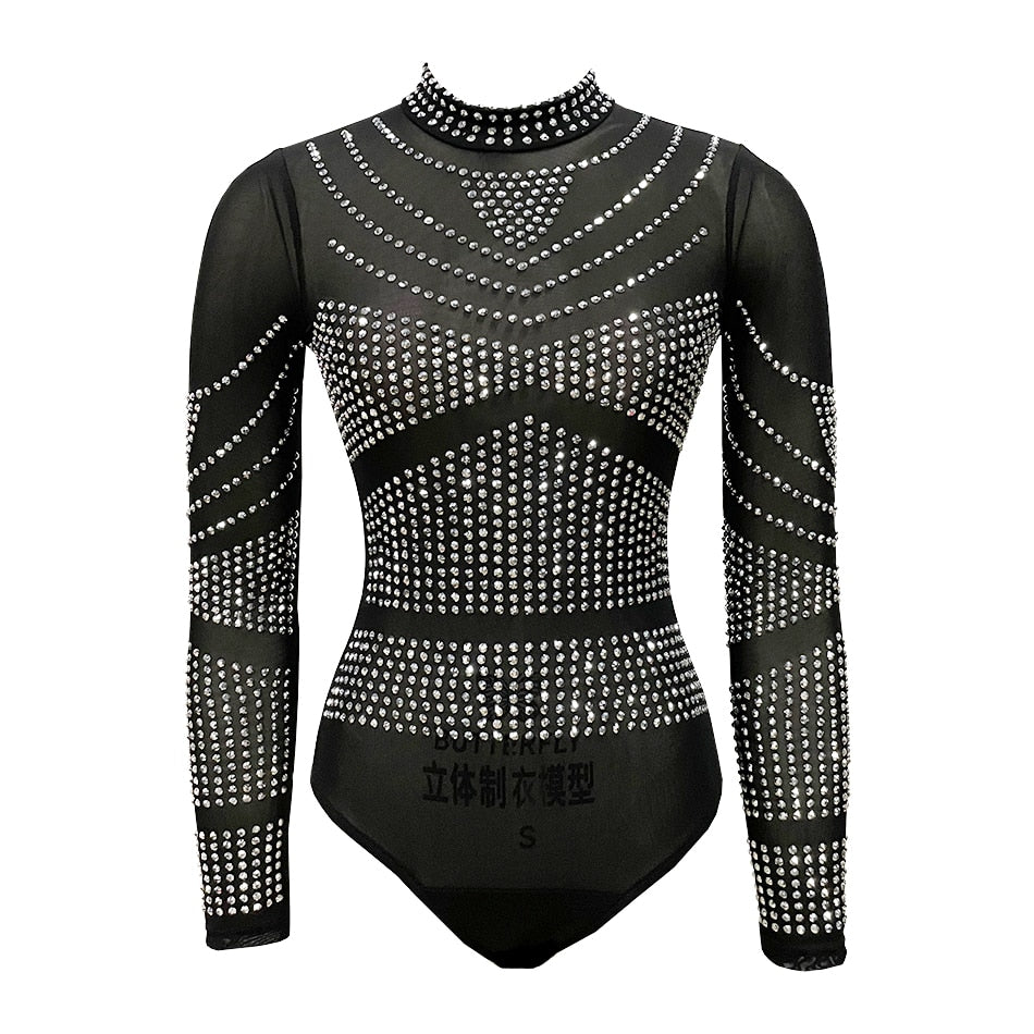 Transparent Mesh Long Sleeve Sheer Rhinestone Bodysuit