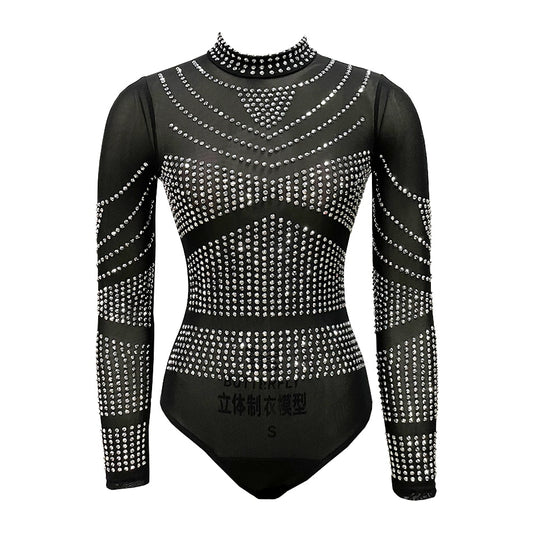 Transparent Mesh Long Sleeve Sheer Rhinestone Bodysuit