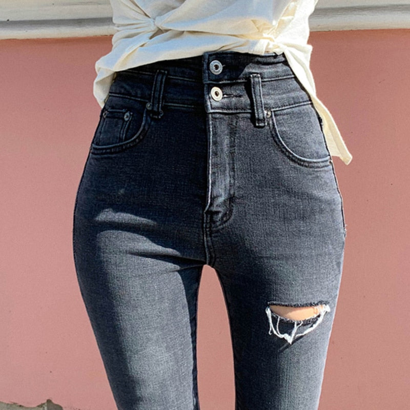 Ripped Button Ladies Skinny High Waist Pencil Denim Jeans