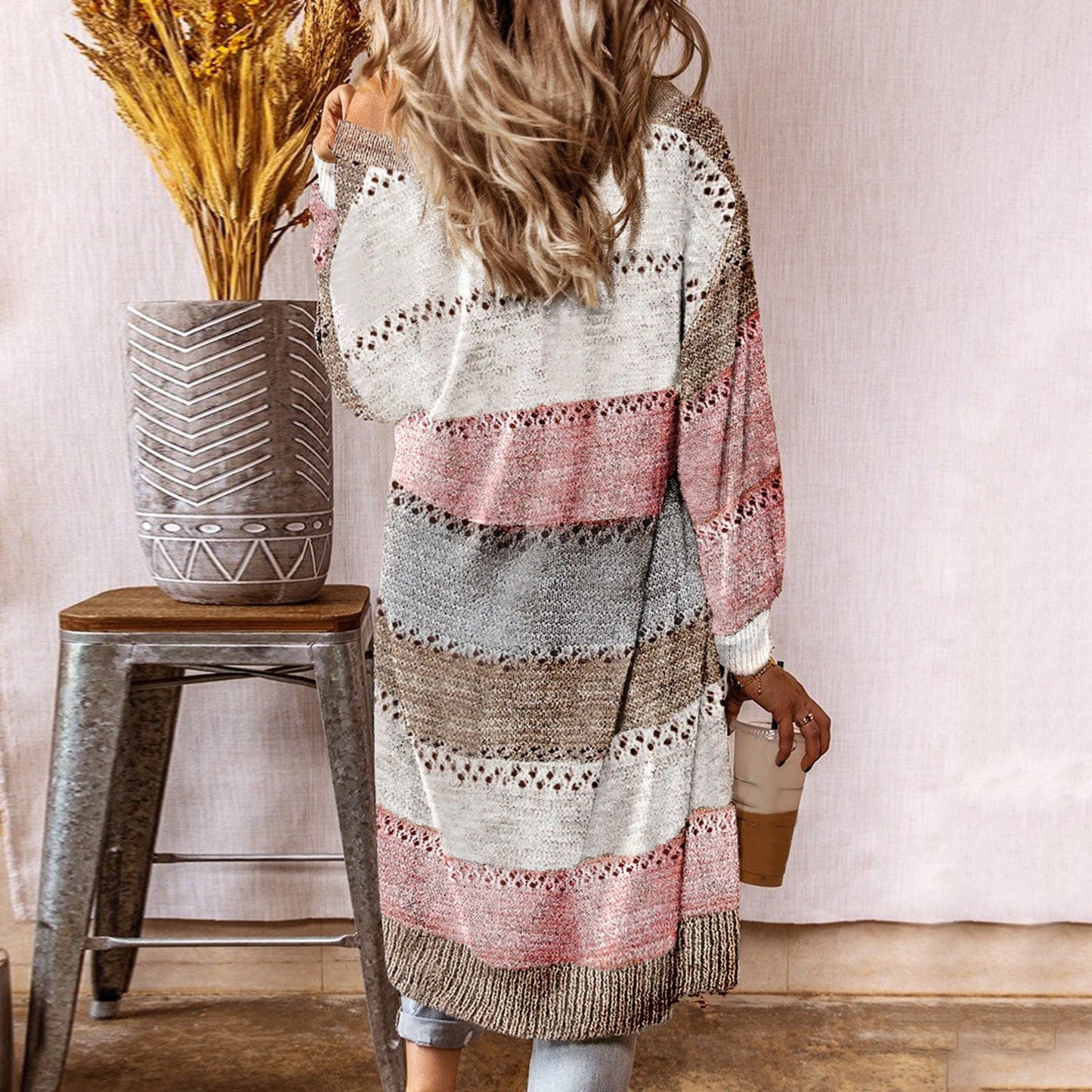 Colorblock Striped Ladies Long Sleeve Patchwork Maxi Cardigan Sweater