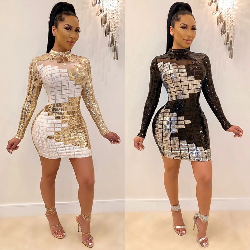 Sequin Long Sleeve Dress Net Gauze White Black Sequin Dress