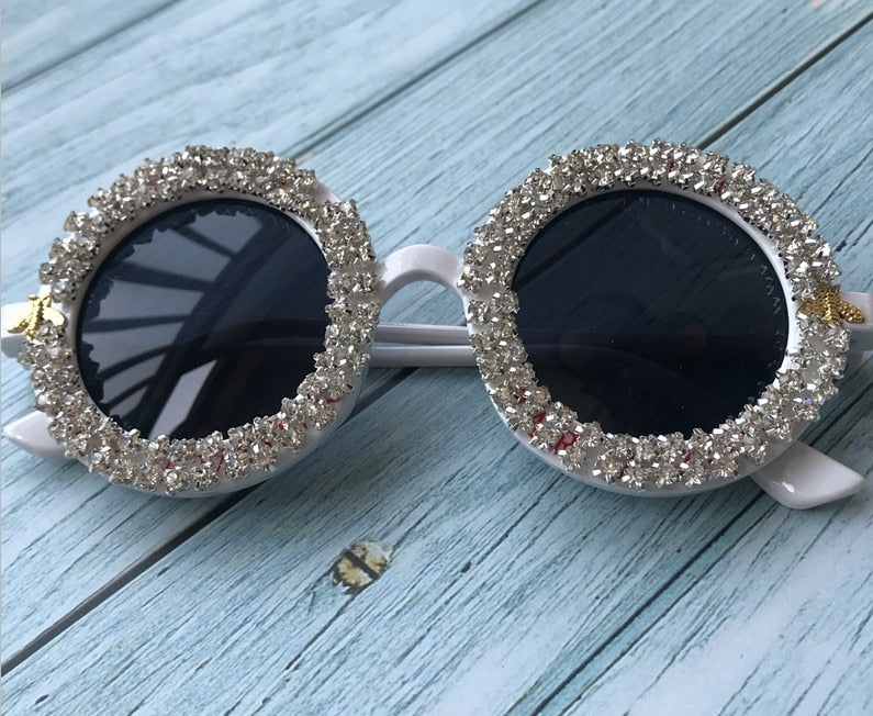 Women's Crystal Diamond Handmade Round UV400 Mirror Lens Flower Sunglasses