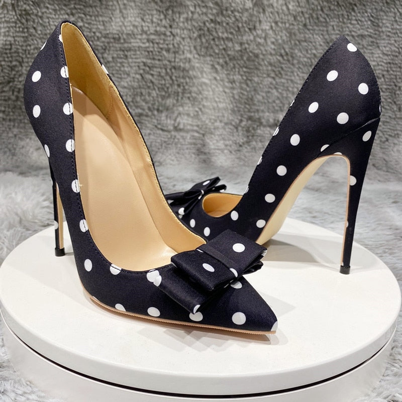 Bowknot Polka Dot Stiletto Pointed Toe Pumps