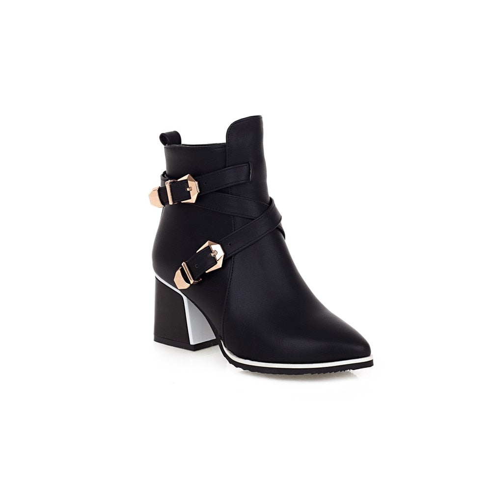 Pointed Toe Square Heel Women's Buckle Zipper High Heel Ankle Boots