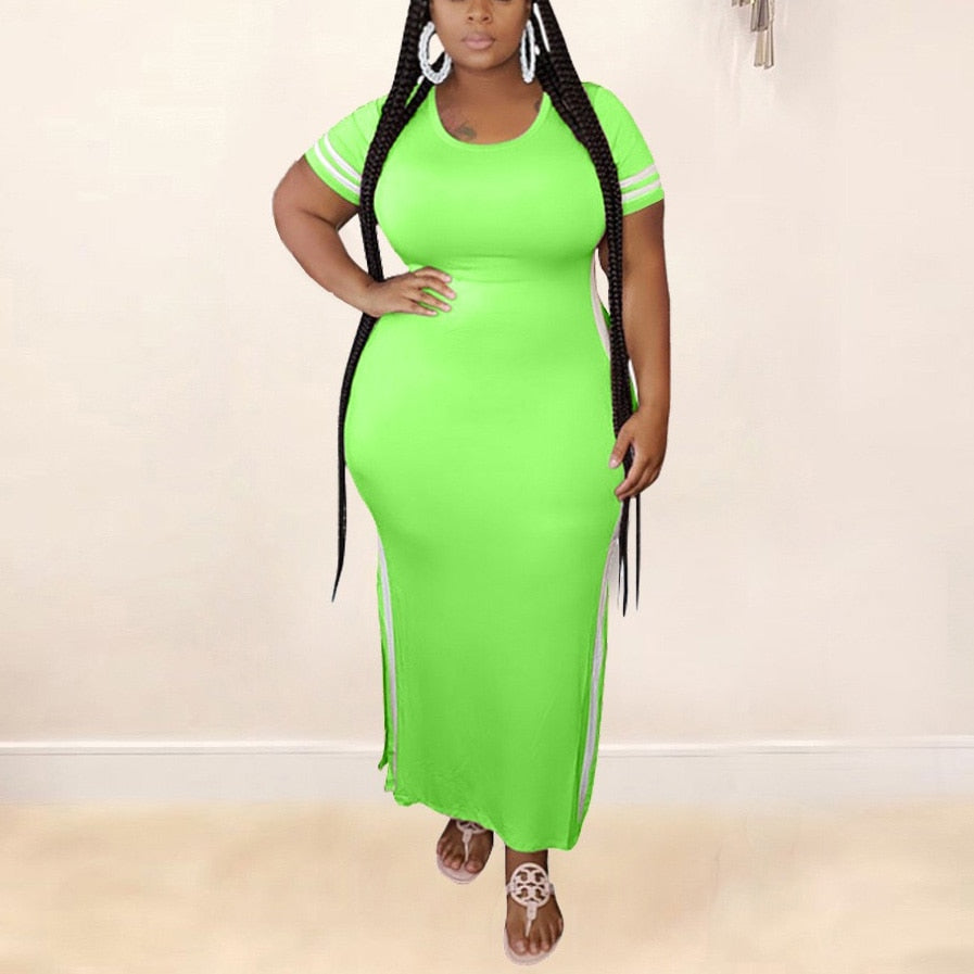 Short Sleeve Solid Side Striped Plus Size High Slit T-Shirt Dress to 5X