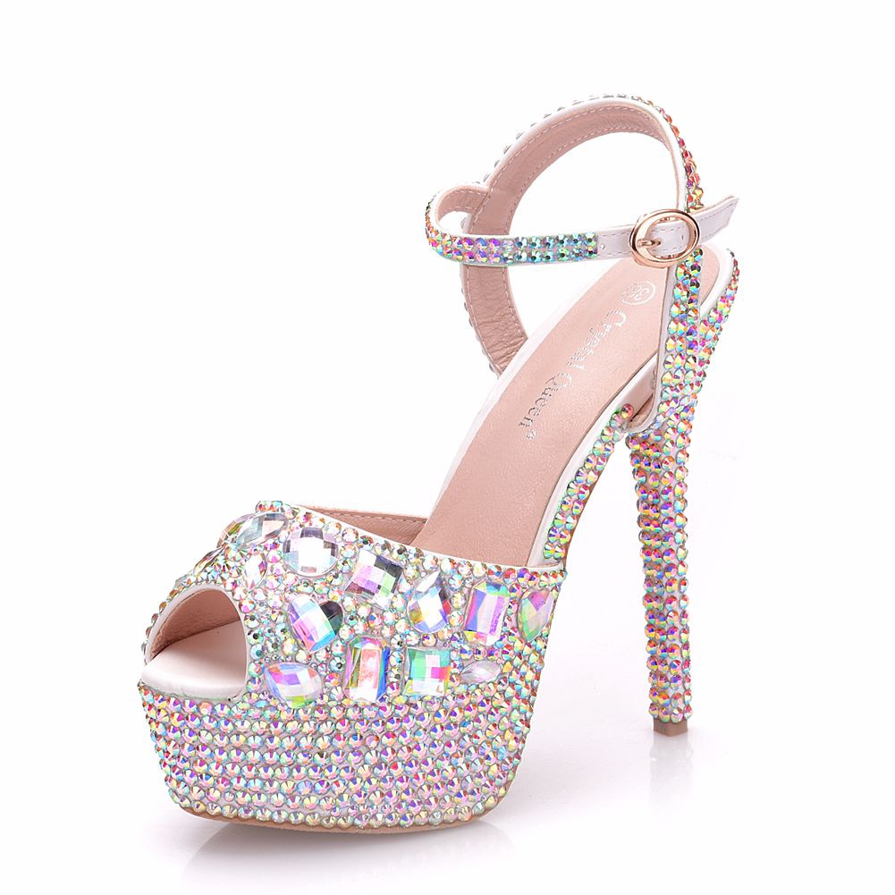 Rhinestone Crystal Peep Toe High Platform Ankle Strap Stiletto Stripper Pumps