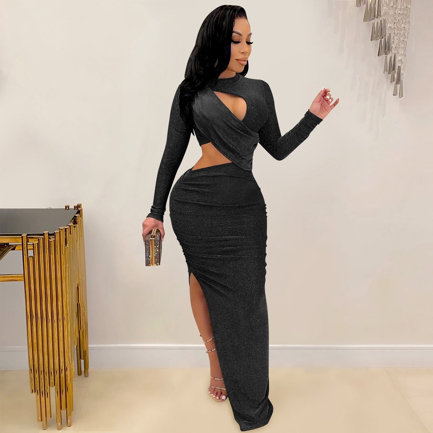 Solid Ruched Long  Sleeve Cut Out O-Neck Long Sleeve High Slit Evening Party Dress