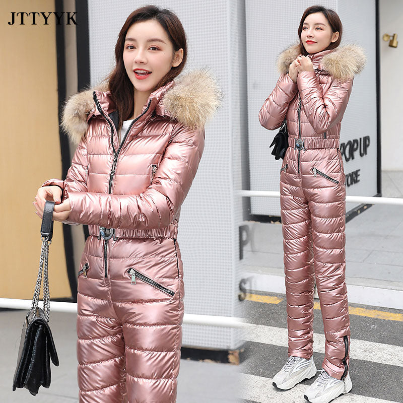 Fur Hood Quilted Solid Color Ladies Ski Snowsuit