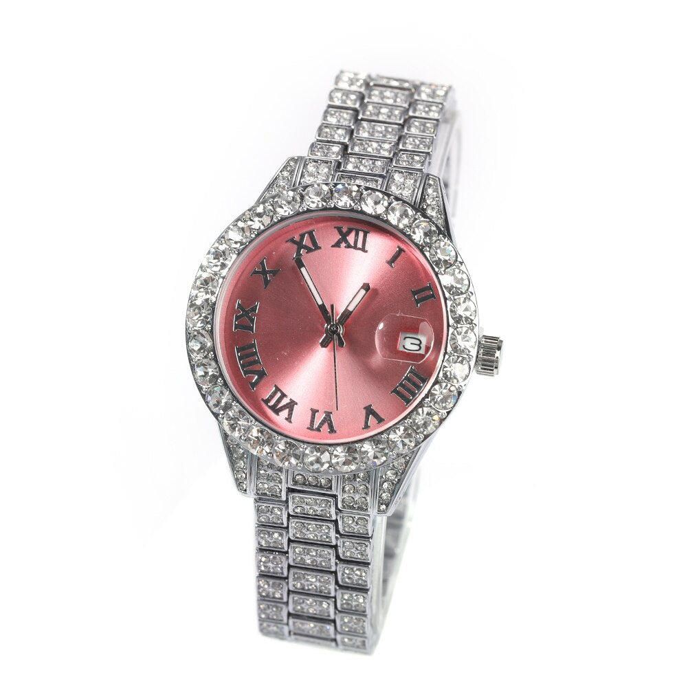 Rhinestone Colored Iced Out Stainless Steel Quartz Ladies' Watch