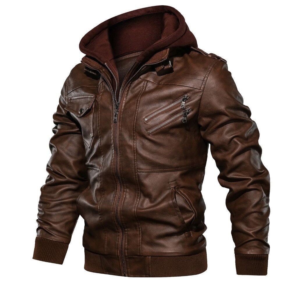 Men's Leather Hooded Motorcycle PU Jacket