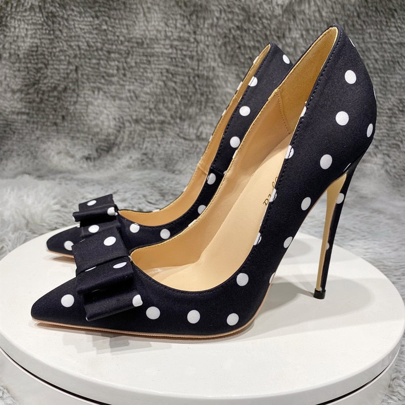 Bowknot Polka Dot Stiletto Pointed Toe Pumps