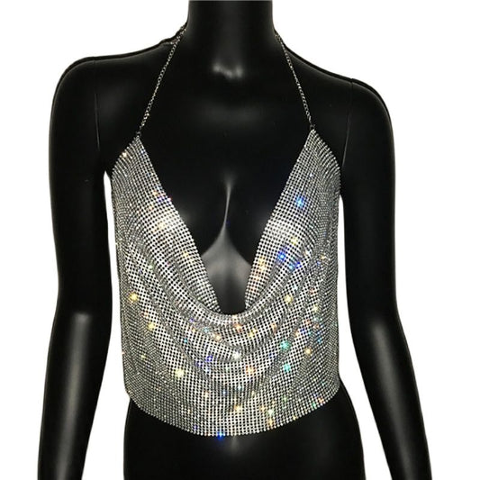 Sparkiing Rhinestone Backless Crop V-Neck Diamond Metal Tank Top