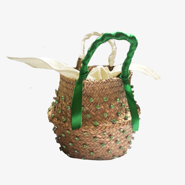 Handmade Crystal Woven Basket Diamond Clutch Straw Bag