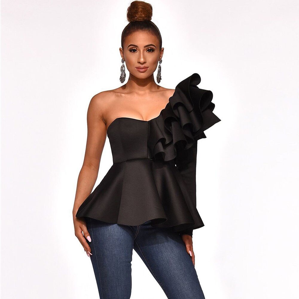 One Shoulder Solid Color Layered Ruffle Long Sleeve Peplum Blouse