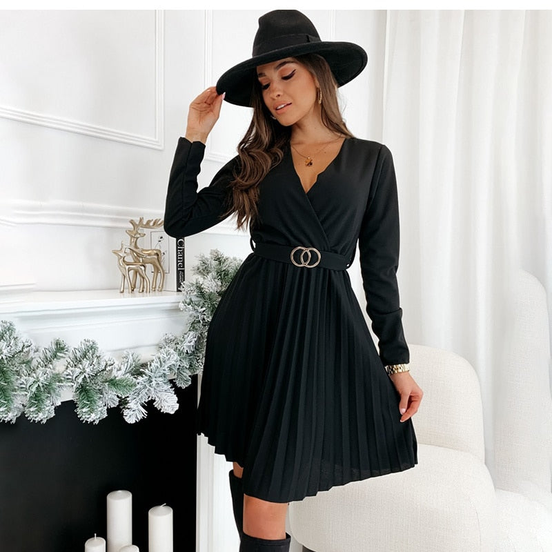 Pleated Mini V-Neck Long Sleeve Lace Up Dress