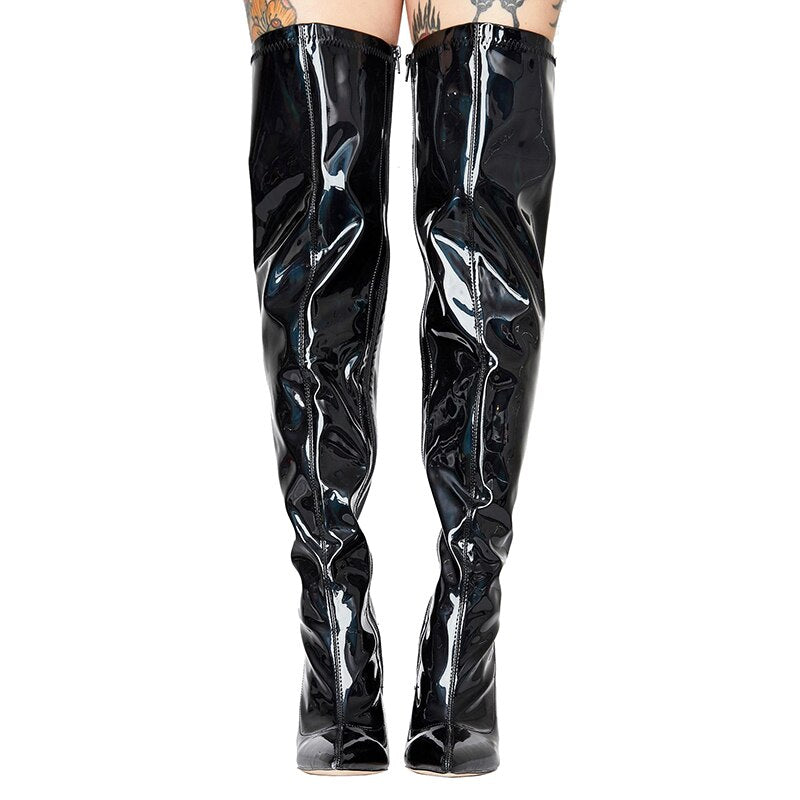 Over Knee Rainbow Patent Leather Pointed Toe Stiletto Heel Side Zipper Boots