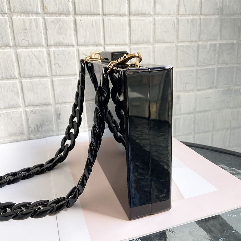 Ladies Patchwork Acrylic Geometric Metal Chain Strap Clutch Purse