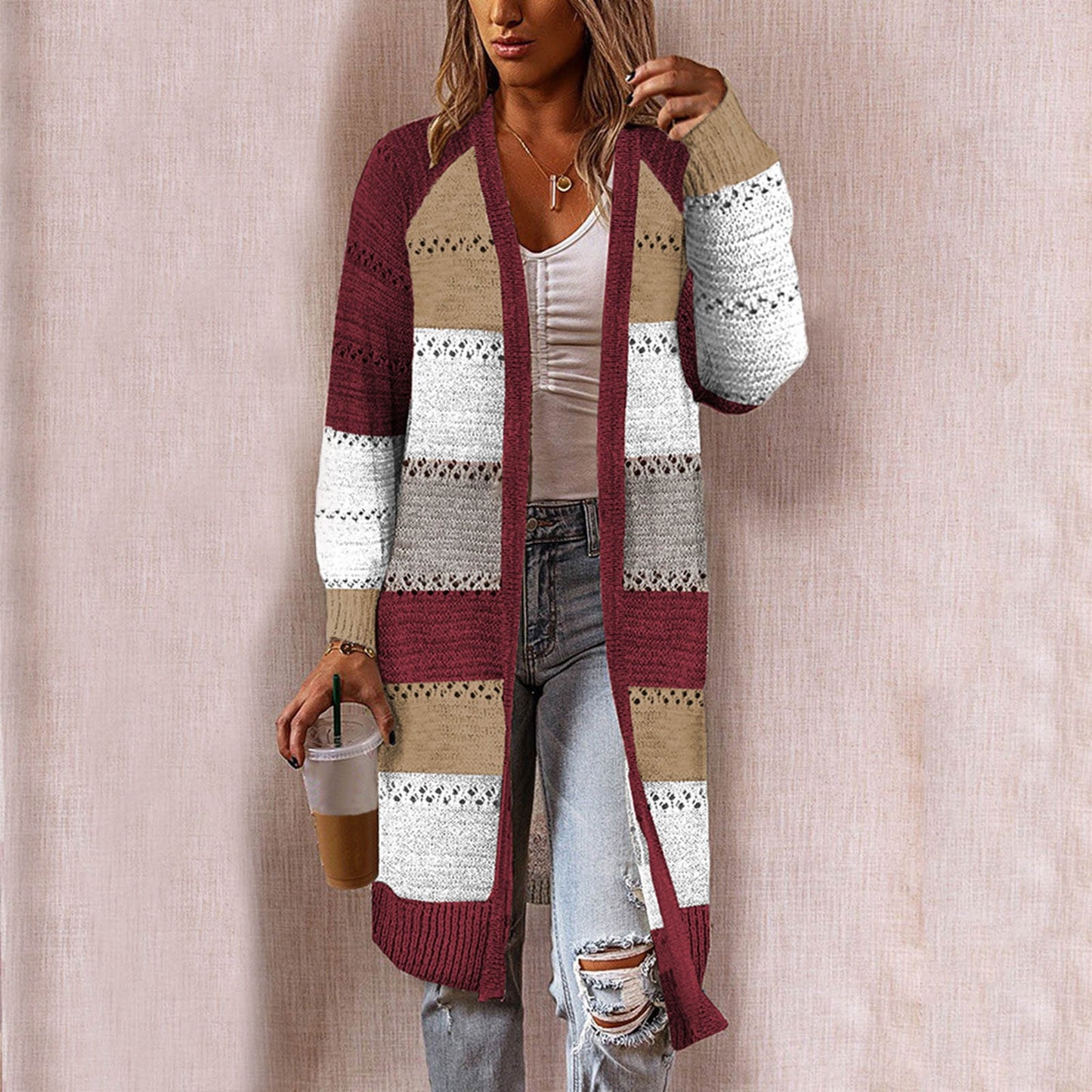 Colorblock Striped Ladies Long Sleeve Patchwork Maxi Cardigan Sweater