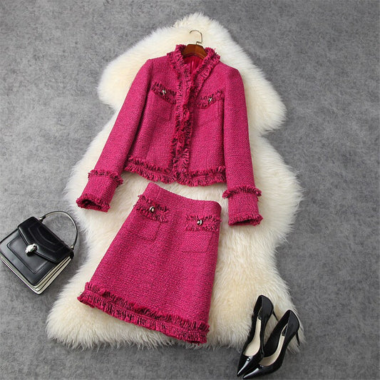 Fuschia Women's Long Sleeve Tassel Tweed Wool Blazer Jacket & Mini Skirt 2-Piece Office Suit