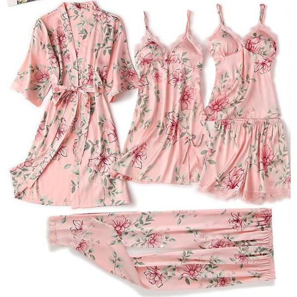 Satin Women's Sleepwear Set/Pajamas: Kimono Gown, Lace Intimate Lingerie Hollow Out Camisole, and Matching Lingerie Top w/ Shorts & Silky Pajama Pants