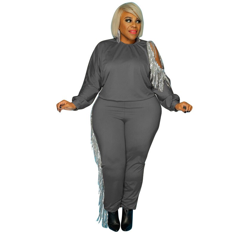 Silver/Gold Tassel Plus Size Long Sleeve Cut-Out Bodycon Shirt + Pants 2-Piece Set to 5X