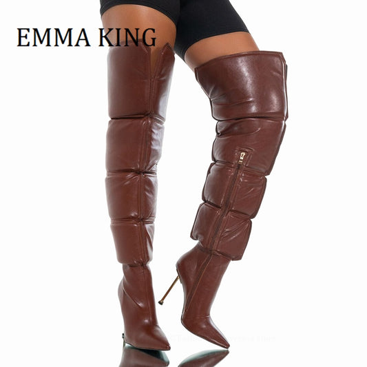 Puffer Shaft Over-the-knee Metallic Stiletto Ankle Zipper Thigh High Boots