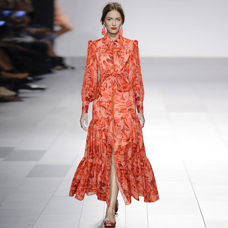 Women's Orange/Red Floral Long Sleeve Maxi Dress