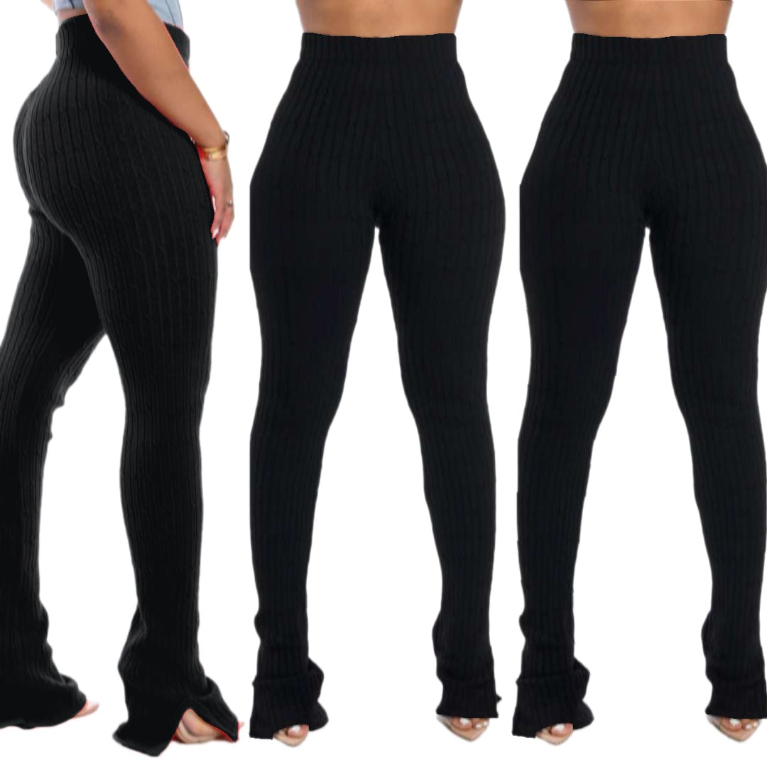 Stacked Flare Knitted Side Slit Elastic Waist Bell Bottom Women's  Sweatpants