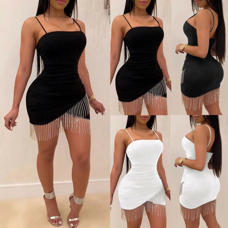 Tassel Hem Detail Cross Split Solid Color Sleeveless Spaghetti Strap Bodycon Suspender Mini Dress