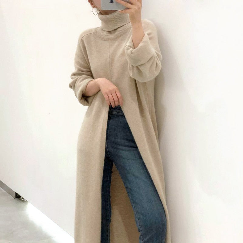 Turtleneck Long Side Split Ladies Maxi Sweater