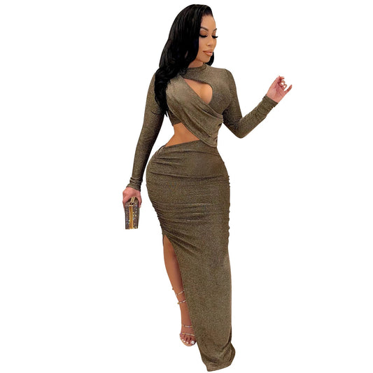 Solid Ruched Long  Sleeve Cut Out O-Neck Long Sleeve High Slit Evening Party Dress