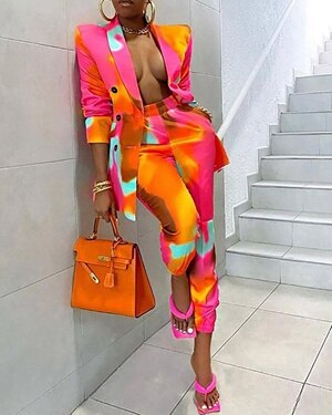 Tie-Dye/Leopard/Baroque Multi-Colored Printed Notched Blazer + Matching Pants Women's Suit