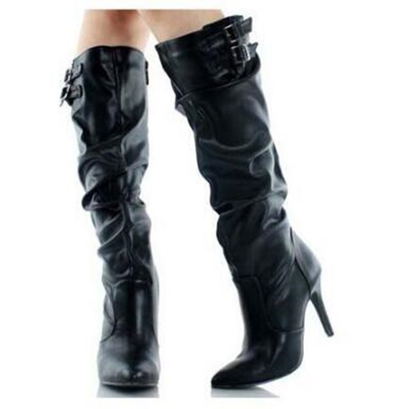 Ruched Leather Buckle Pointed Toe High Heels Knee High Zipper Boots