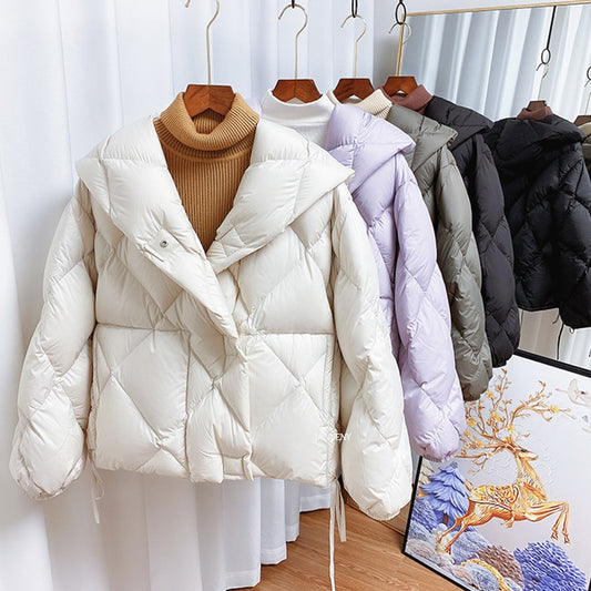 90% Duck Down Short Jacket Women Thick Warm Loose Cocoon Type Hooded Diamond Puffer Jacket