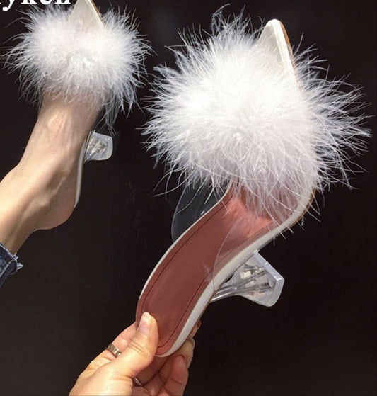 Ladies Feather PVC Transparent High heels Fur Peep Toe Mule Pumps