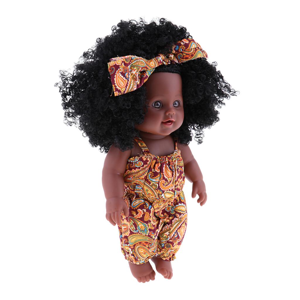 African-American Black Baby Girl Doll w/ Curly Afro, Headband & Jumpsuit